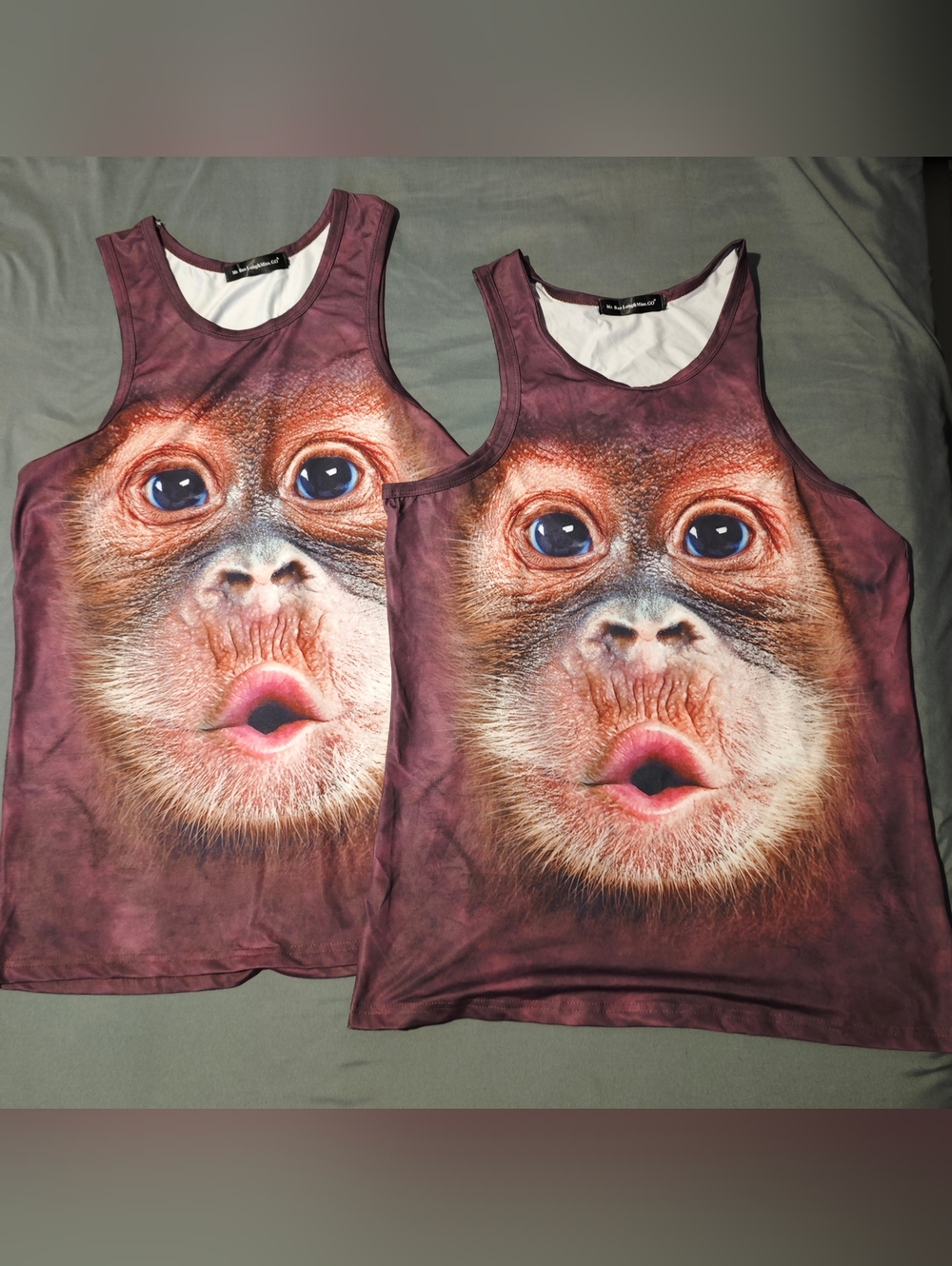 Lot of 2 Men's 3D Gorilla Face Print Tank Top Brown One Size